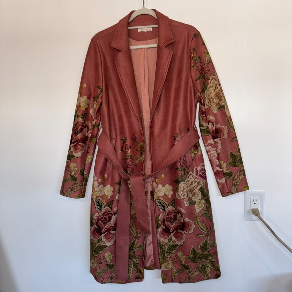 Solitaire Women's Sz L Faux Suede Floral Duster Blazer Coat Longline Belted Boho